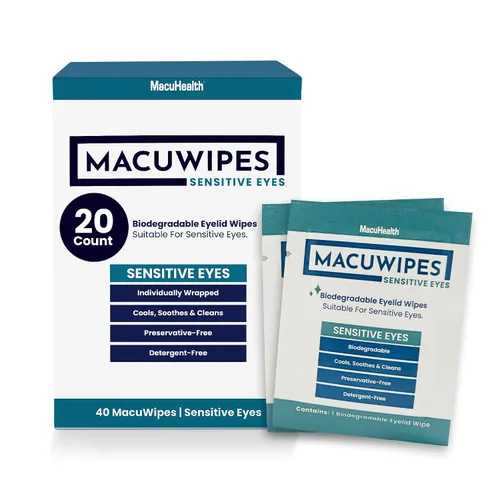 MacuHealth MacuWipes Sensitive - Toallitas de párpados prehumedecidas para ojos secos, adoloridos y arenosos, sin alcohol, fórmula sin enjuague con