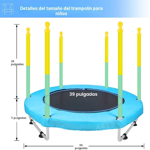 Miniatura 6 de Trampolín interior para niños de 1 a 8 años, trampolín pequeño de 55 pulgadas para exteriores con red de seguridad, diseño seguro sin huecos