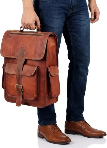 Miniatura 9 de Mochila para portátil de cuero genuino de grano superior para hombres y mujeres, mochila vintage hecha a mano, mochila de viaje, regalo para hombres