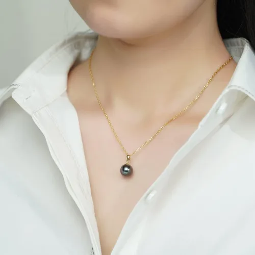 Miniatura 5 de Raivari Collar con colgante de perla negra de Tahití, 5A, natural, auténtica, cultivada en Tahití, de agua salada, de 18 pulgadas, collar de oro