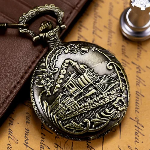 Miniatura 6 de Reloj de bolsillo con tren de vapor de cuarzo para hombres y mujeres con cadena, bronce, Bronce 1, Retro