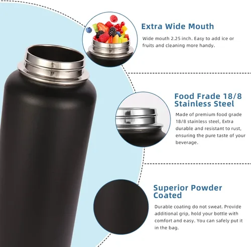 Miniatura 4 de Botellas de agua aisladas Volhoply en paquete de 4, de 40 onzas, de acero inoxidable, botella deportiva con asa de paracord y tapa con pitorro, Negro