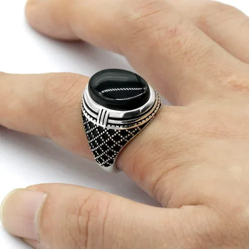 Miniatura 2 de SKOOMEN Anillo de plata de ónix negro para hombre, anillo ovalado grande con caja de joyería, joyería fina para hombre con piedras preciosas