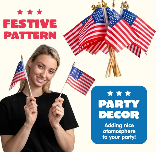 Miniatura 3 de JOYIN 24 banderas americanas pequeñas en palo de 4 x 6 pulgadas, mini banderas americanas para decoración del 4 de julio, celebración del día