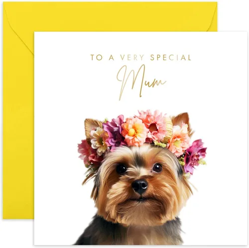 Old English Co. - Tarjeta de felicitación de perro Yorkshire Terrier muy especial – Yorkshire Terrier Puppy Floral Linda tarjeta de cumpleaños para