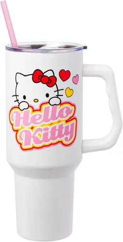 Miniatura 34 de Silver Buffalo - Vaso de acero inoxidable Sanrio Hello Kitty con flores de primavera y verano y rayas arcoíris, con asa y popote, compatible