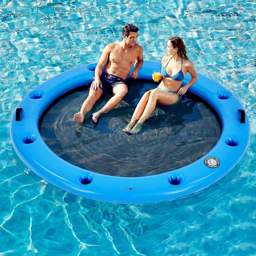 Miniatura 19 de 6-12FT Round Inflatable Floating Dock, Sunchill Float Ring, Water Hammock Tanning Pool Floats with Woven Fabric, Manual Pump for Quick Azul