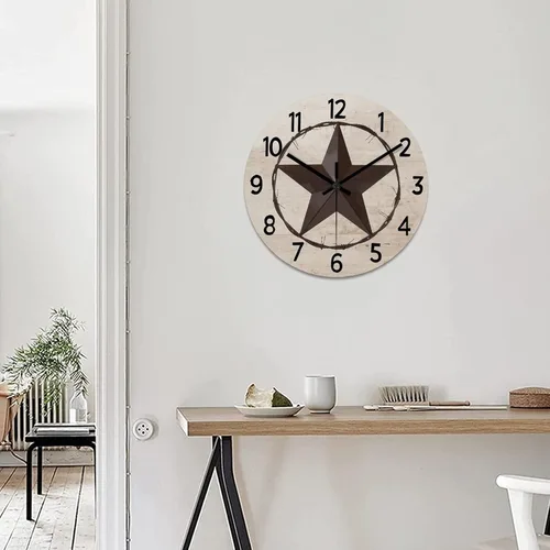 Miniatura 5 de Reloj de pared rústico de estilo retro clásico con estrella de Texas occidental, reloj de madera, silencioso, sin tictac, funciona