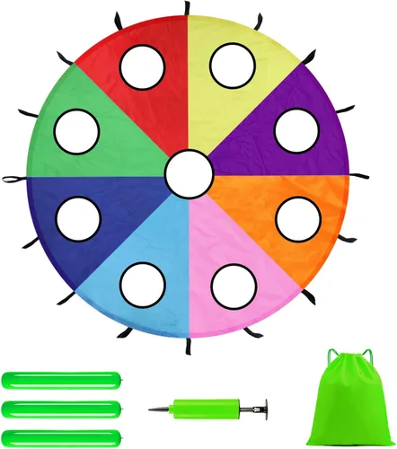 Paracaídas arcoíris para niños, juguete de paracaídas con asas, juego de paracaídas para niños, cooperación en grupo y actividades al aire libre