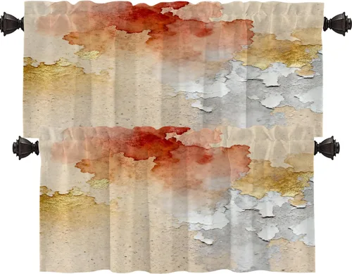 Miniatura 14 de Shrahala Beige and Orange Abstract Art Brushstrokes Blackout Curtain Tiers, Abstract Oil Paint Kitchen Valance Light Blocking Tier Drapes with Rod