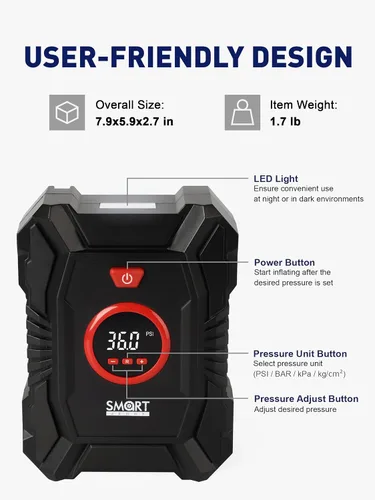 Miniatura 2 de SMART JERRY - Inflador de neumáticos de 12 V para automóvil Inflador digital de neumáticos compresor de aire portátil para camión con apagado