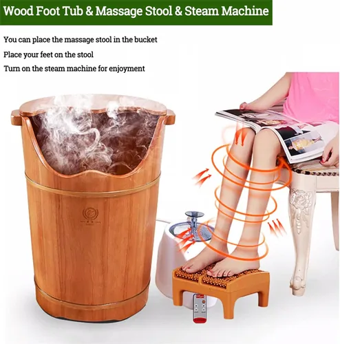 Miniatura 2 de HM&DX Bañera de madera de goma para remojar los pies,Cubo de baño de pies con máquina de vapor y taburete de masaje,Bañera de madera premium