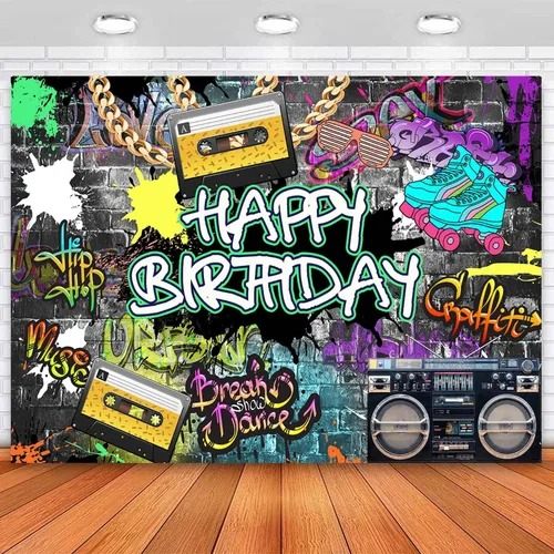 Sensfun Graffiti - Telón de fondo de cumpleaños de los años 80 y 90, estilo urbano, retro, hip hop, fondo para fiesta de cumpleaños, cadena dorada,