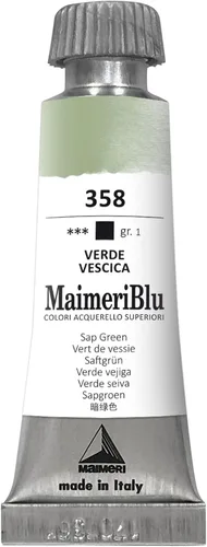 Maimeri Blu - Pintura de acuarela profesional PG17 de un solo pigmento (0.4 fl oz), color verde savia PG17, tubo de pintura de acuarela transparente