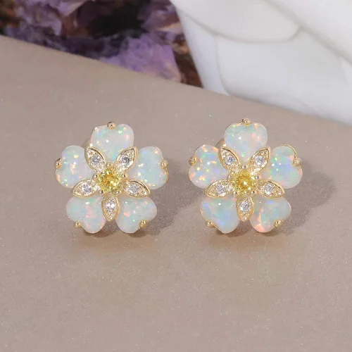 Miniatura 4 de CiNily Aretes tipo dormilona de ópalo con flores para mujer, chapados en rodio, hipoalergénicos, grandes piedras preciosas de 1932 pulgadas