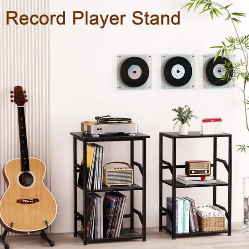 Miniatura 3 de LOAKEKEL Soporte para tocadiscos con almacenamiento de vinilo, mesa auxiliar de 3 niveles con estante, soporte giratorio alto con divisores
