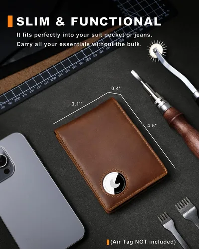 Miniatura 3 de Billetera AirTag para hombre, de piel auténtica plegable con bloqueo Rfid AirTag con ranuras para efectivo y ventana de identificación, compatible
