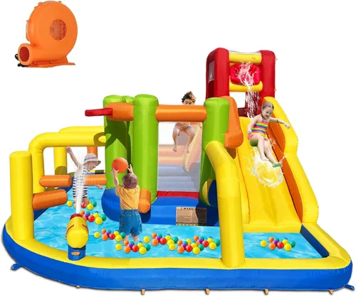 Umbalir Casa inflable de rebote de obstáculos, parque acuático para niños con toboganes de agua, cubo de descarga sorpresa, obstáculos, salto,