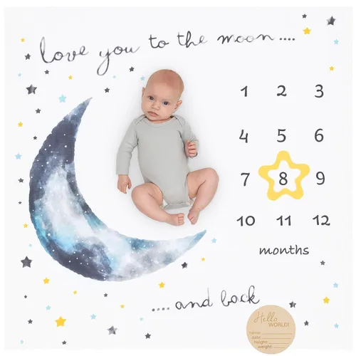 Manta orgánica mensual para bebé, manta de hitos mensuales para niño, manta de amor a la luna y espalda para niños, tabla de crecimiento para hitos