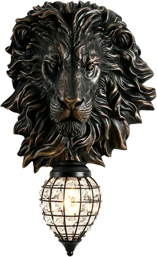 Miniatura 12 de Juego de 2 apliques de pared con cabeza de león dorados, lámpara de pared moderna de lujo con forma de globo de cristal, cabeza de animal de resina