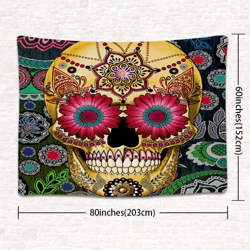 Miniatura 2 de Tapiz de calavera de azúcar, tema del Día de los Muertos, arte de pared bohemio con flores, decoración del hogar, tapices para dormitorio, sala