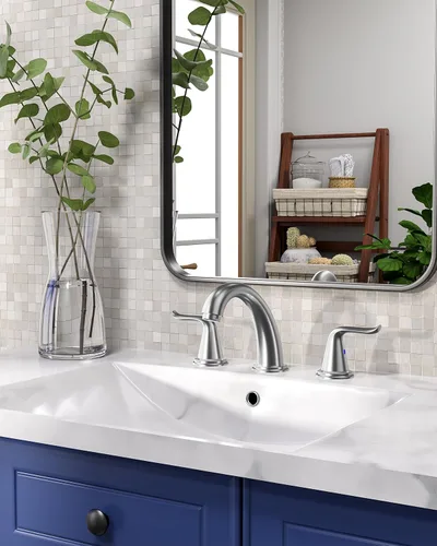 Miniatura 6 de WOWOW Grifo de baño de latón sólido de 2 asas con 3 agujeros, grifo de lavabo de acero inoxidable para tocador, grifo de lavabo de baño de níquel