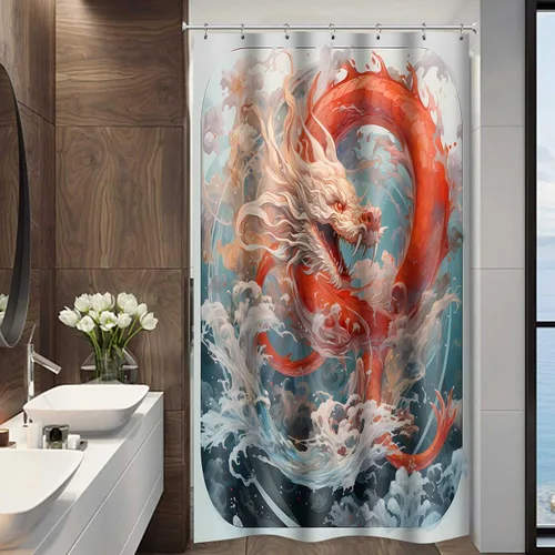 Miniatura 3 de YLOKPA0717 - Cortina de ducha de dragón japonés con ganchos, enorme ola de mar, cortina de baño de dragón rojo, 36 x 72 pulgadas, decoración de baño