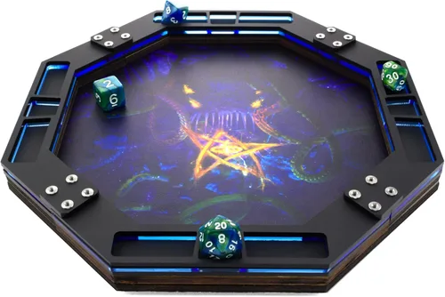 Miniatura 2 de C4Labs Bandeja rodante de dados octágonos de 10 pulgadas – Cartel de anciano impreso Cthulhu Lord of The Deep - Azul, cuero vegano