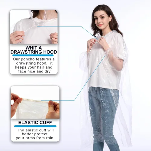 Miniatura 3 de Ponchos de lluvia desechables para adultos, paquete familiar de ponchos de lluvia de emergencia para mujeres y hombres con capucha con cordón