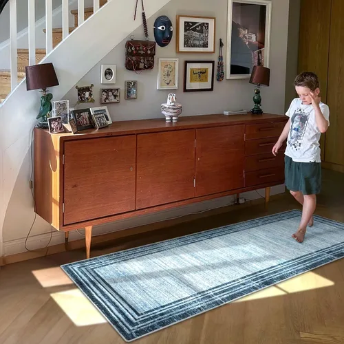 Miniatura 19 de Alfombra de pasillo moderna abstracta Lahome, alfombra lavable turquesa de 2 x 6 pulgadas para entrada, alfombra antideslizante de bajo pelo