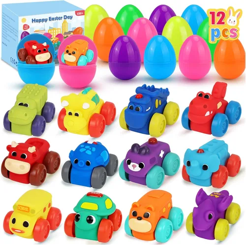 Miniatura 8 de Huevos de Pascua precargados con autos de juguete: 12 huevos de Pascua rellenos con juguetes de goma suave, rellenos de cesta de Pascua para bebés
