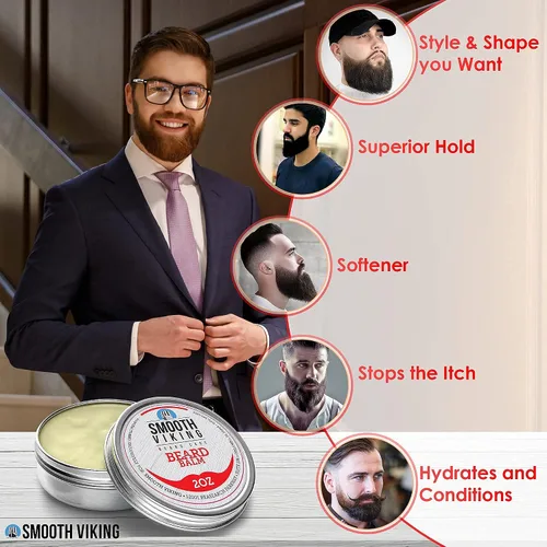 Miniatura 2 de Bálsamo de barba con manteca de karité y aceite de argán, cera acondicionador para hombres, estiliza y fortalece el pelo, 2OZ, smooth Viking