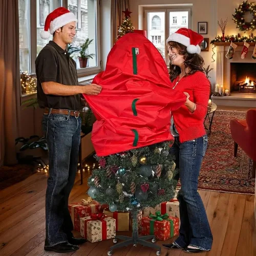Miniatura 2 de Bolsa de almacenamiento vertical para árbol de Navidad - Se adapta a árboles artificiales de 7 pies y árboles topiarios de Navidad, cubierta Rojo