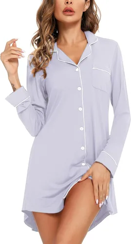 Miniatura 104 de Samring Camisón de pijama para mujer, manga corta/larga, con botones, camisón para dormir, camisón para novio, talla XXL