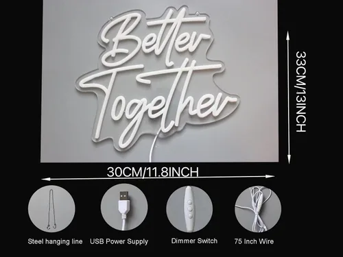 Miniatura 7 de DAKABUKA Better Together - Letreros de neón LED de neón blanco cálido para decoración de pared de despedida de soltera, fiesta de compromiso