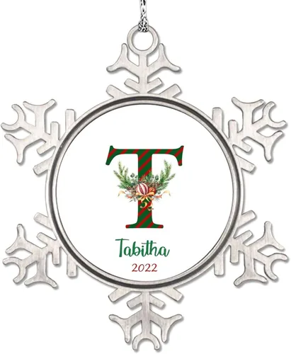 Miniatura 25 de Monograma inicial letra A copo de nieve, adorno de bayas de pino de Navidad para decoración de árbol de Navidad, adornos de Navidad personalizados