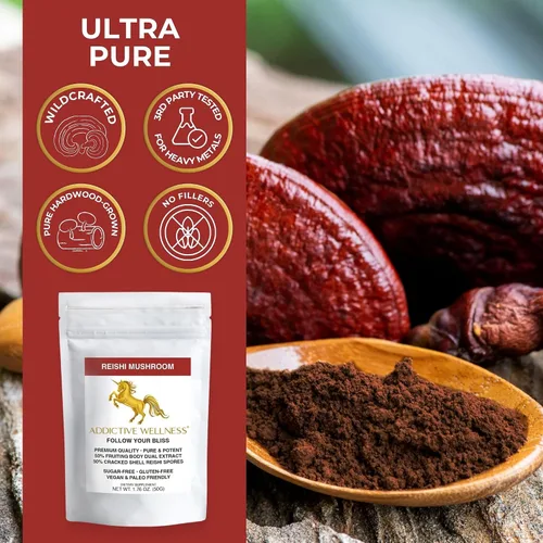 Miniatura 6 de Addictive Wellness Polvo de extracto de hongos Reishi + esporas (mezcla 50/50) cultivado en madera, puro y potente Ganoderma silvestre 50 g (1.76 oz)