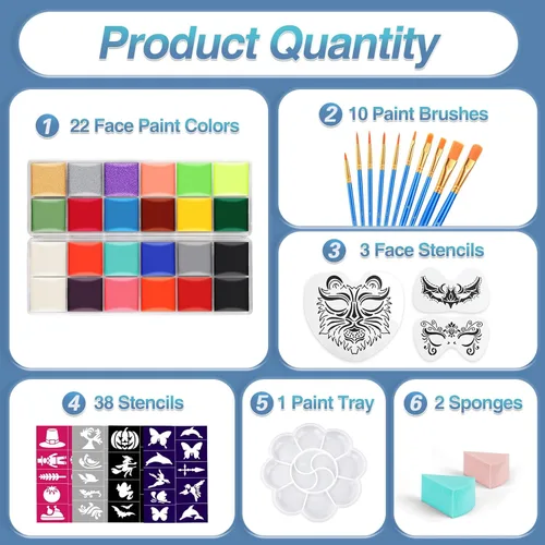 Miniatura 2 de Kit de pintura facial para fiesta de niños, kit de pintura facial de 22 colores, incluye bandeja de pintura, esponjas, pinceles y plantillas, kit