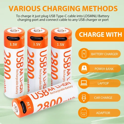 Miniatura 4 de Baterías de litio AA recargables, paquete de 4 baterías AA de iones de litio de 1.5 V 2800 mWh, 1000 ciclos de iones de litio doble A con cable