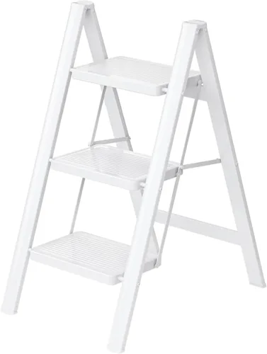 Escalera de 3 escalones, taburete plegable con pedal antideslizante ancho, capacidad de carga de 330 libras, ligero y portátil para ahorrar espacio