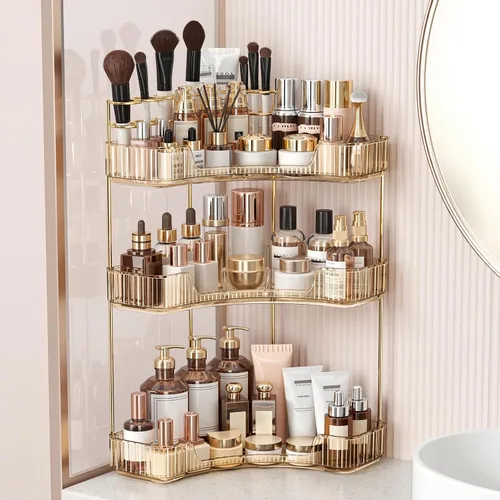 Miniatura 12 de BEFSOP Organizador de esquina para mostrador de baño, organizador de maquillaje mejorado de 2 niveles con soporte para brochas de maquillaje