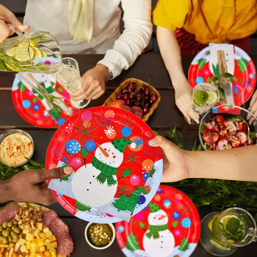 Miniatura 7 de Suministros de fiesta de Navidad Gatherfun, platos de papel desechables de muñeco de nieve para decoración de fiesta, platos y servilletas, sirven