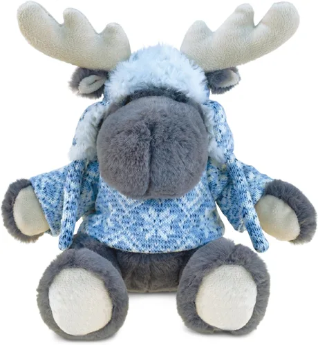 DolliBu - Animal de peluche de alce – Suave peluche abrazable de alce gris con suéter y sombrero, adorable juguete de peluche, lindo regalo de vida