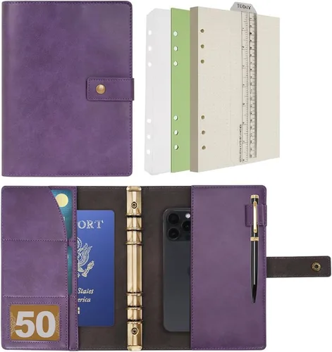 Miniatura 16 de WONDERPOOL Cuaderno de cuero recargable, cuaderno en espiral, carpeta de carpetas de diario A5 con puntos y bolsillos interiores para viajes, Marrón