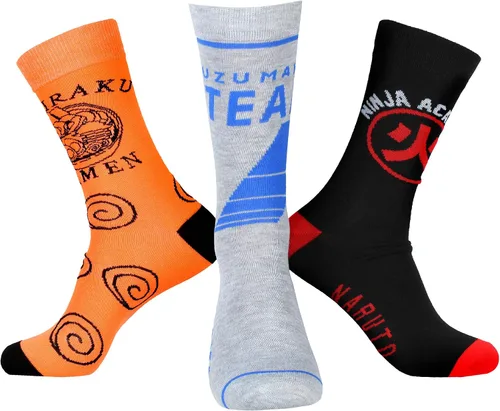 Bioworld Naruto Shippuden Collection Ichiraku Ramen Ninja Academy 3 pares de calcetines de media pantorrilla para hombre, Varios colores