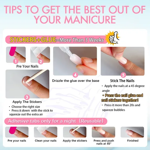 Miniatura 6 de Uñas postizas a presión color rosa bebé, uñas postizas cuadradas medianas con pegamento en uñas de longitud media, uñas acrílicas cortas