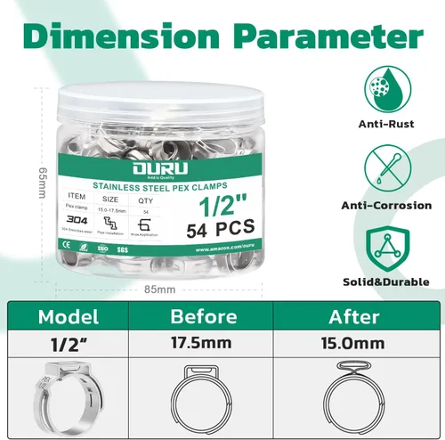 Miniatura 2 de OURU 54 piezas 1/2 Pex anillo de crimpado, abrazaderas Pex de acero inoxidable 304, abrazaderas de manguera de oreja única para accesorios Pex