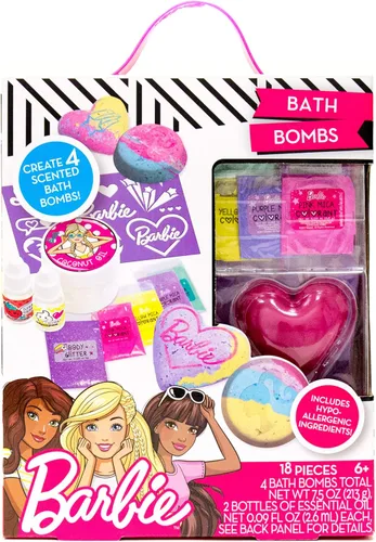 Horizon Group USA - Kit de bombas de baño Barbie para hacer tu propia bomba de baño coloridas y de olor dulce, incluye plantilla, purpurina, moldes,