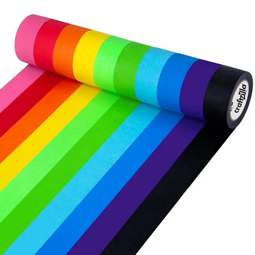 Craftzilla Cinta Adhesiva de Enmascarar de Colores - Paquete Múltiple de 10 Rollos - 10 Yardas Cada Uno - Cinta de Colores de 1 Pulgada de Ancho -