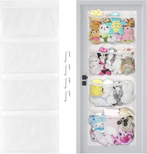 Almacenamiento de animales de peluche, red de hamaca de animales de peluche, el paquete blanco de 4 compartimentos viene con 2 ganchos